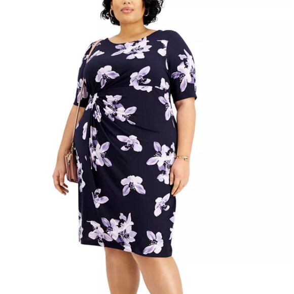 Connected Plus Size Floral-Print Side-Ruched Sheath Dress 18W - Picture 1 of 5